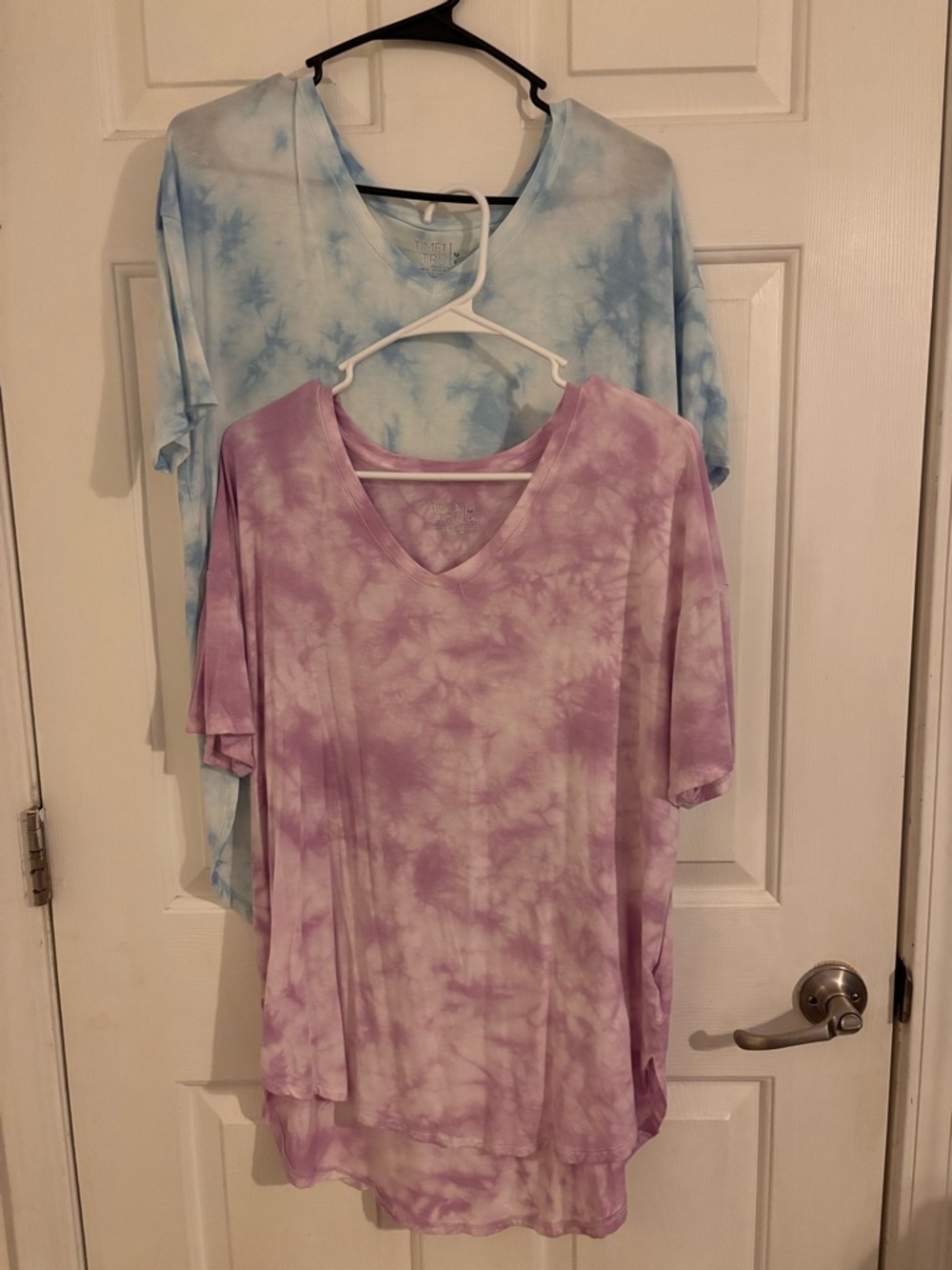 Time and Tru Tie-Dye V-Neck Tunics in Lavender and Sky Blue